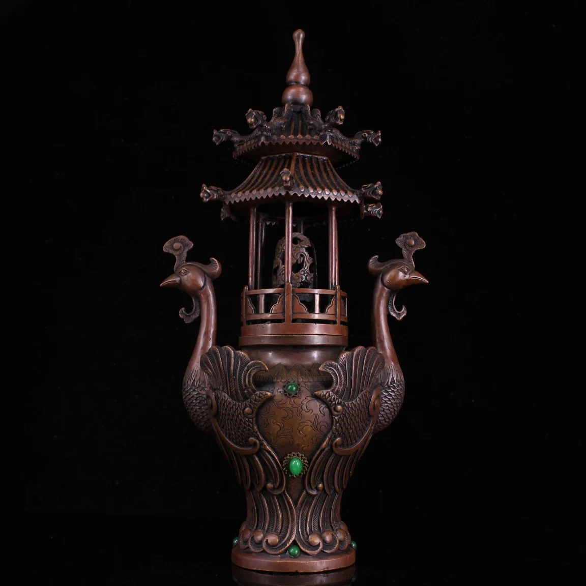 

Коллекция тибетских храмов 17 дюймов, статуя Феникса из старой бронзы с мозаикой, башня павлина, курильница для благовоний, ступа, городской дом, Экзорцизм