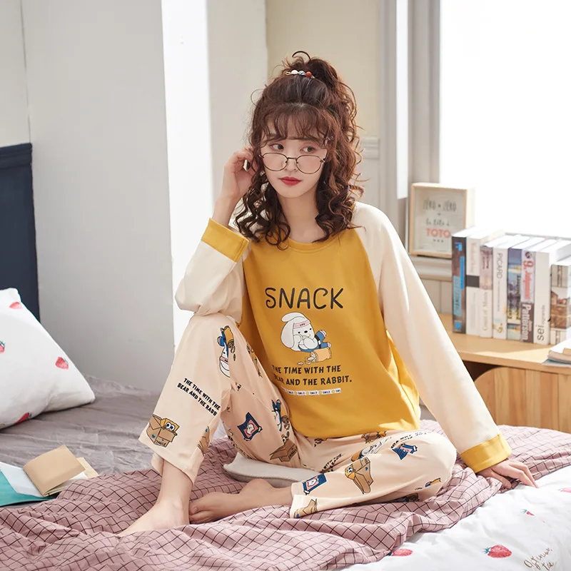 

SLPBELY Women Pajamas Cotton Long Sleeve Cartoon Keep Warm Long Sleeve Trousers Two-Piece Pajamas Sweet Lovely Student Pajamas