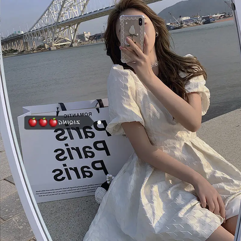 

2021 Summer Kawaii Elegant Dress Women Sweet Bow Korean Princess Sexy Mini Fairy Dress Female Casual Puff Sleeve Party Dress