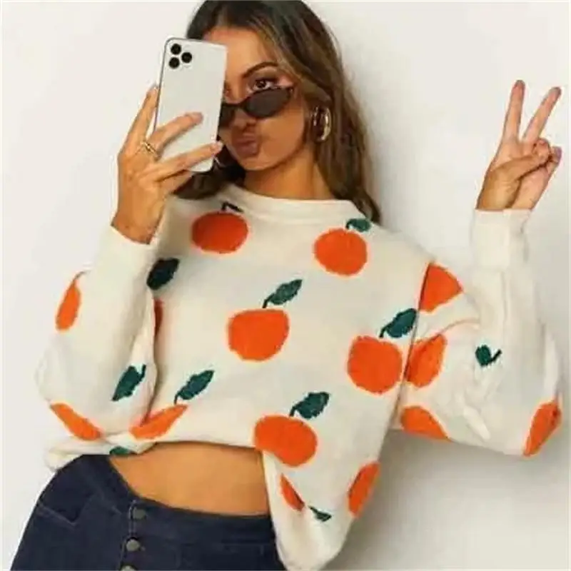 

Sweater Autumn and Winter Orange Jacquard Pattern Pullover Long-sleeved Sweater Women's Turtleneck Sweater Knit Sweater Mujer