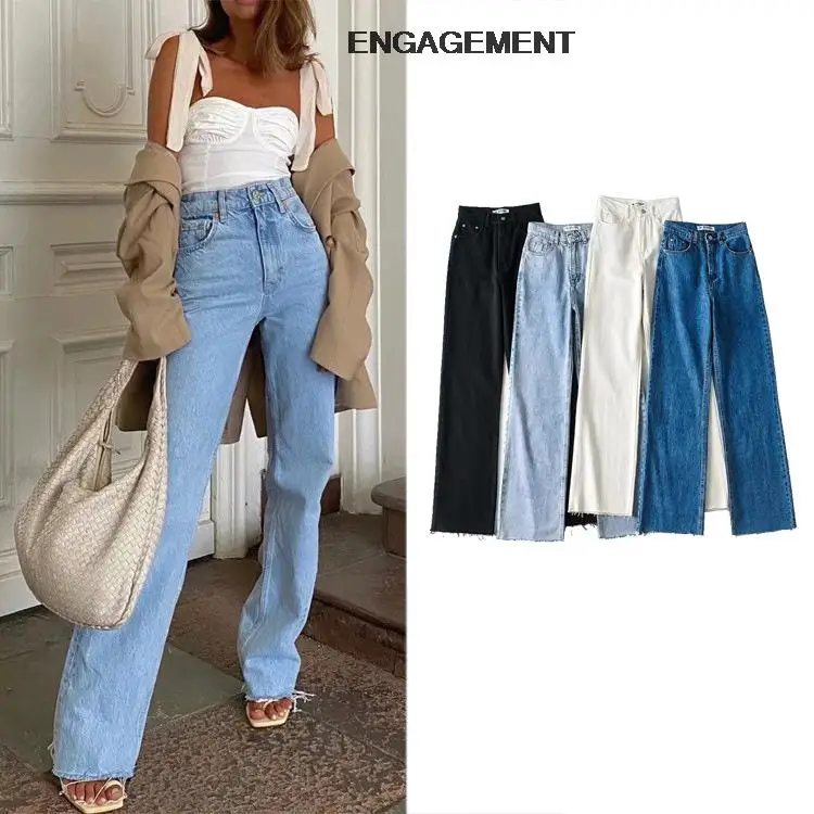 

ENGAGEMENT Za 2021 Trafaluc Fashion high-waist jeans autumn women trousers trousers raw edge design wide-leg pants