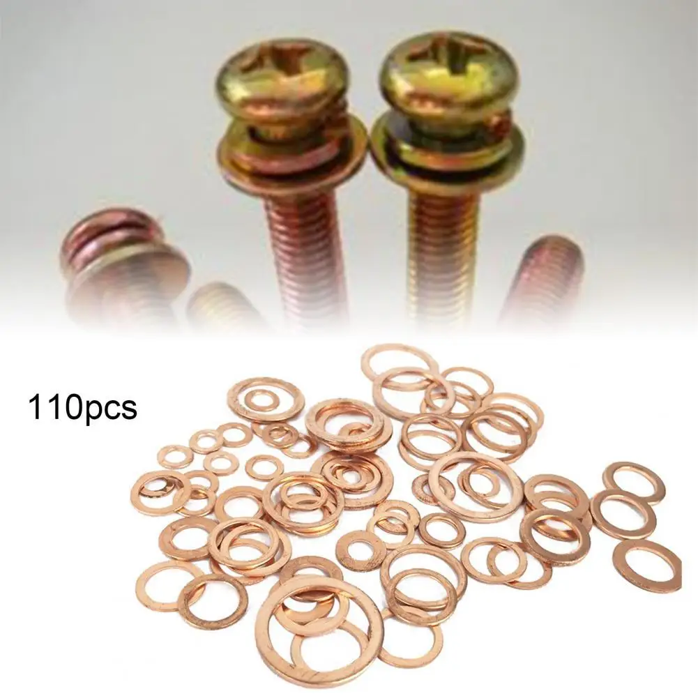 

110 шт. плоская шайба Глянцевая истираемая медная многофункциональная прокладка для крепления плоское кольцо Набор уплотнений в коробке
