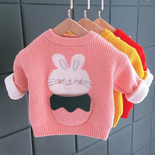 

1 2 3 4 Y Toddler Girls Thick Sweaters Autumn Winter Baby Cartoon Pullover Sweater Cute Rabbit Plus Velvet Warm Sweater for Girl
