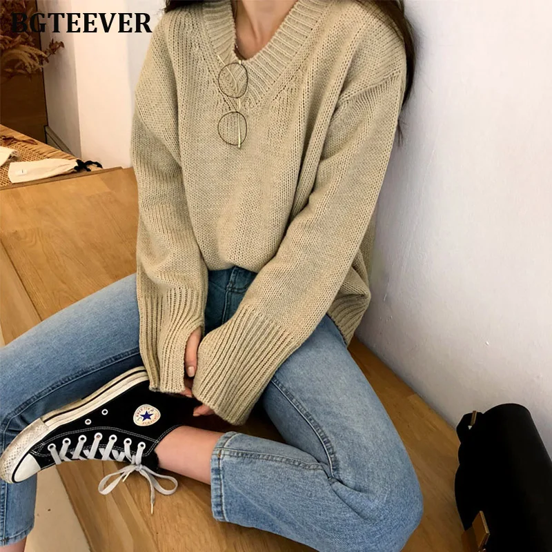 2020 New Autumn V-neck Knitted Female Pullover Casual Tops Split Sleeve Women Sweater Loose Warm Jumpers Outerwear | Женская одежда