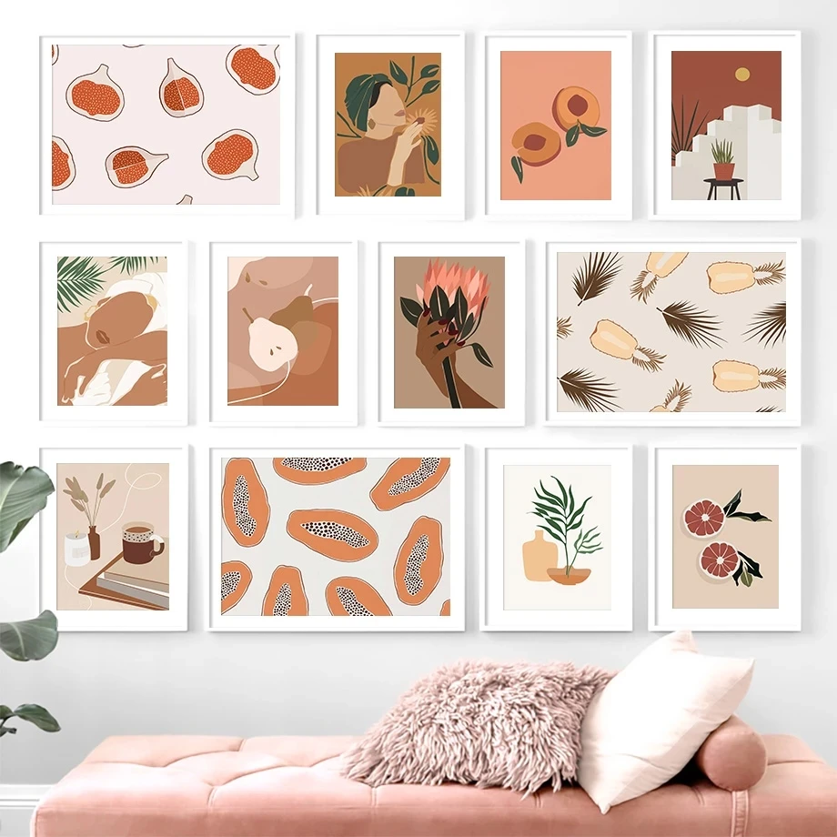 

Abstract Minimalism Girl Pineapple Peach Wall Art Canvas Painting Nordic Posters And Prints Wall Pictures For Living Room Decor