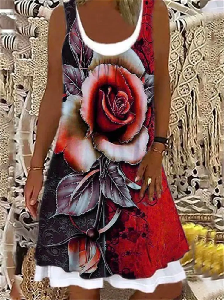 

New Trends Dress Summer Women 3D Digital Printing Sleeveless Fake Two Piece Dresses Plus Size 3XL Female Boho Loose Dress Femme