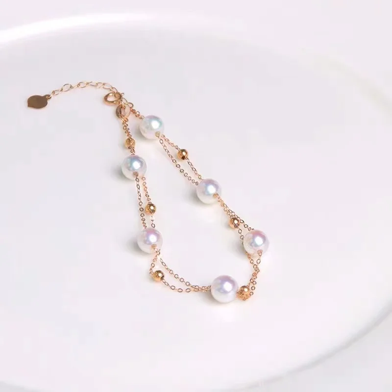 18K Solid Yellow Real Gold Jewelry (AU750) Women Single Grain Pearl Bracelet Chain Natural Sea Pearl Beads  Fashion Lady