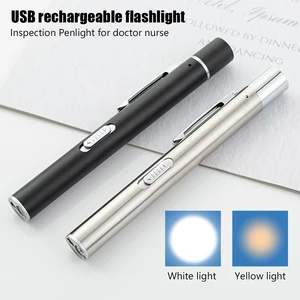Two-color USB Rechargeable Medical Handy Pen Light Portable Nursing Flashlight LED Torch Lamp With Stainless Steel Clip Pocket