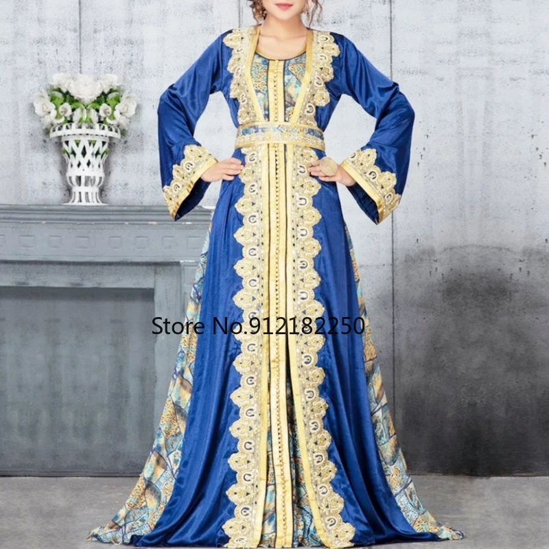 

Moroccan Caftan Dubai Turkey Muslim Dress Women Blue Abaya Elegant Lady Islamic Clothing Jelaba 2021 Eid Mubarak Djellaba Femme