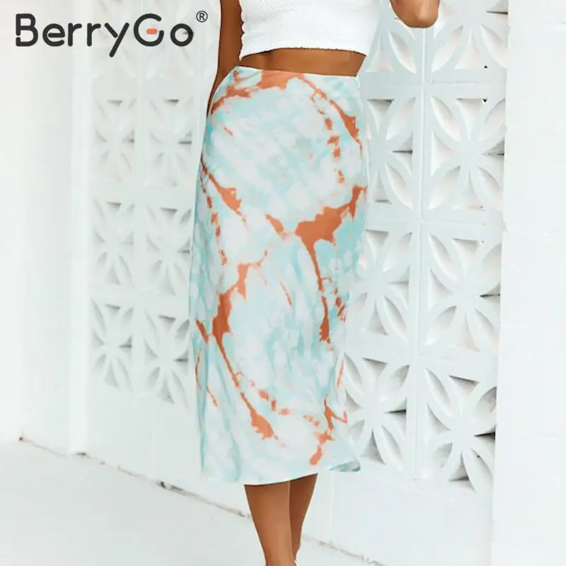 BerryGo Женская юбка миди с принтом, элегантная уличная одежда, вечерние юбки для девушек, осенняя эластичная Женская юбка с высокой талией