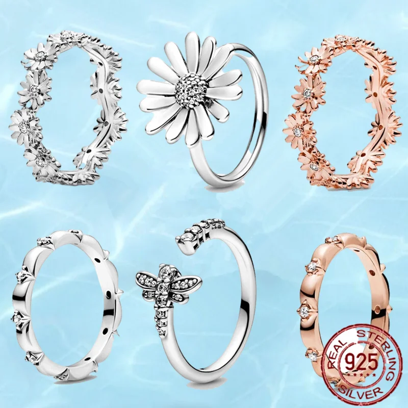 

Новинка 2021, весеннее Аутентичное серебряное кольцо 925 пробы, сверкающие маргаритки, цветочные кольца корона, женские обручальные ювелирные ...