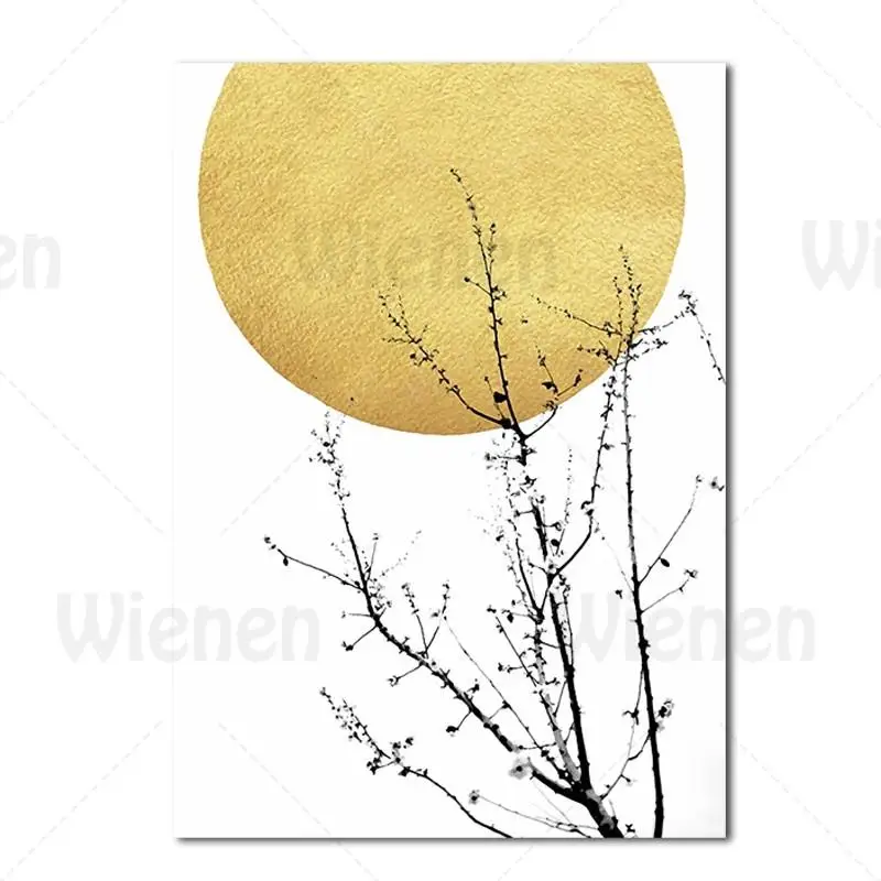 

Custom Mural Canvas Painting Home Decoration Painting Chinese Style Golden Moon & Plant & Branch Silhouette Background Wall Art