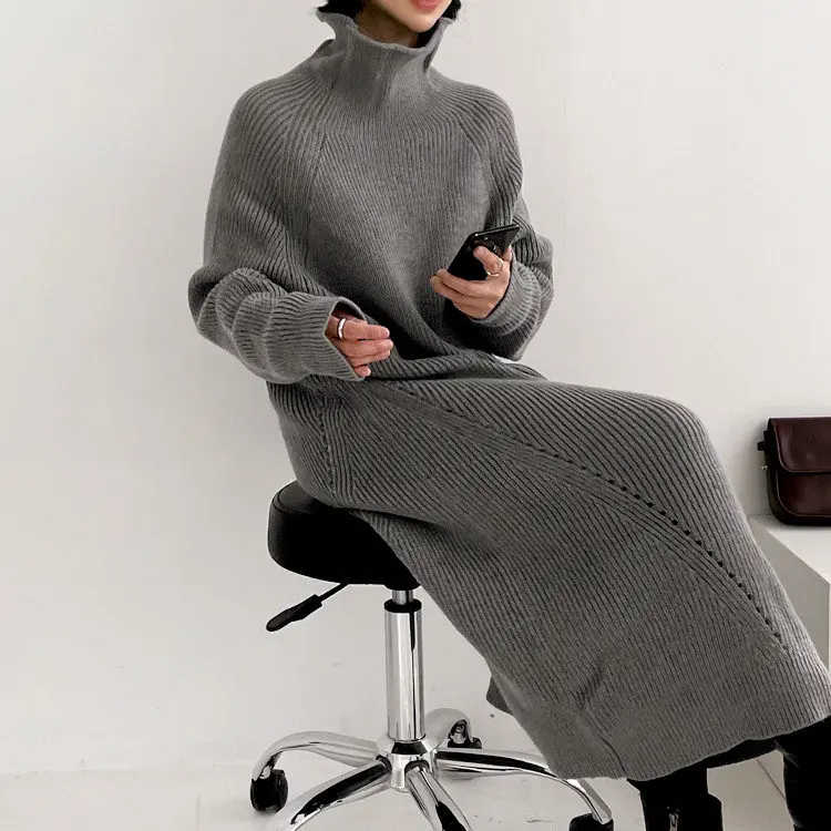 

SuperAen 2021 Autumn Winter New Solid Loose Long Turtleneck Knitted Thickened Cashmere Dresses Women