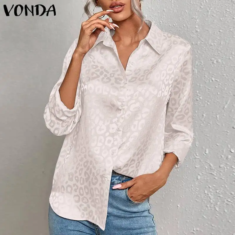 

Женские однотонные рубашки VONDA 2021, женская блузка с длинным рукавом и воротником с лацканами, повседневные сексуальные топы с леопардовым п...