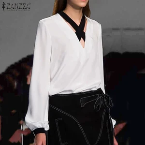 Модель ZANZEA 2020 года, модные женские блузки с V-образным вырезом, шифоновые топы в стиле пэчворк, элегантная офисная туника, Блузки Рубашки с буфами на рукавах 5XL 7
