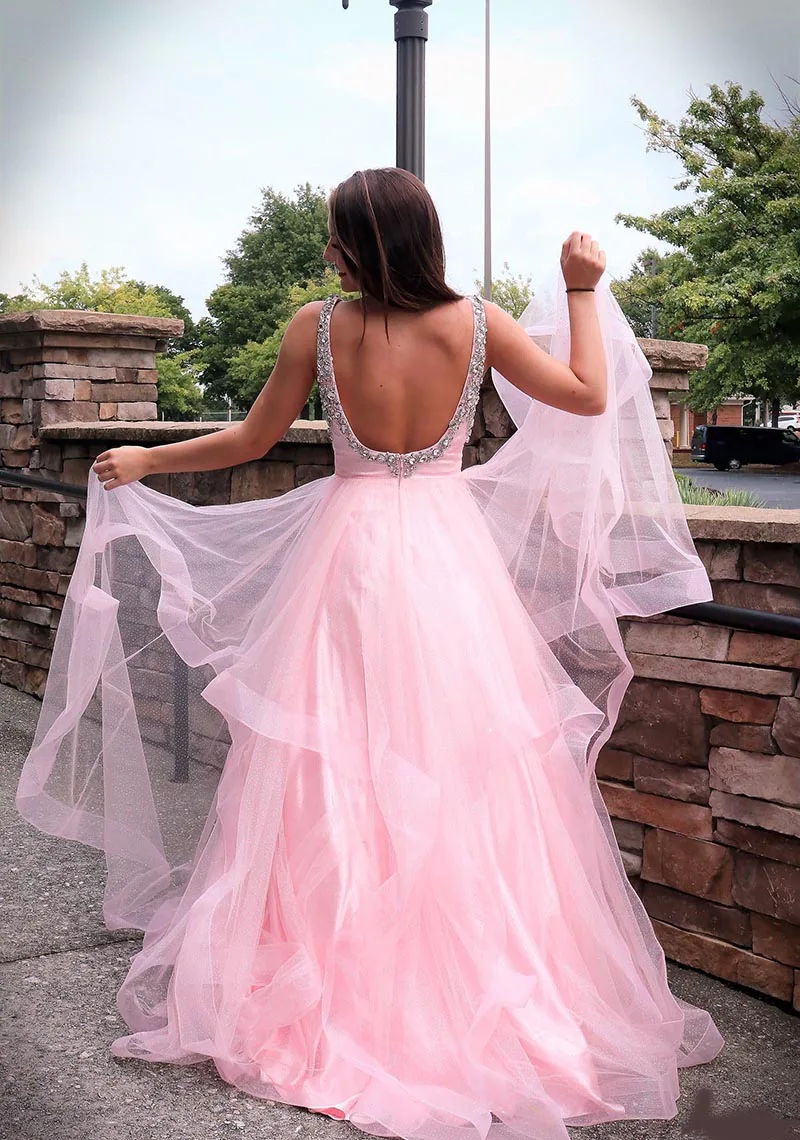 

SoDigne Pink Evening Dresses Long 2021 Sexy V-Neck Sleeveless A-line Glitter Party Gown Robe de Soiree Tull Women Formal Dress