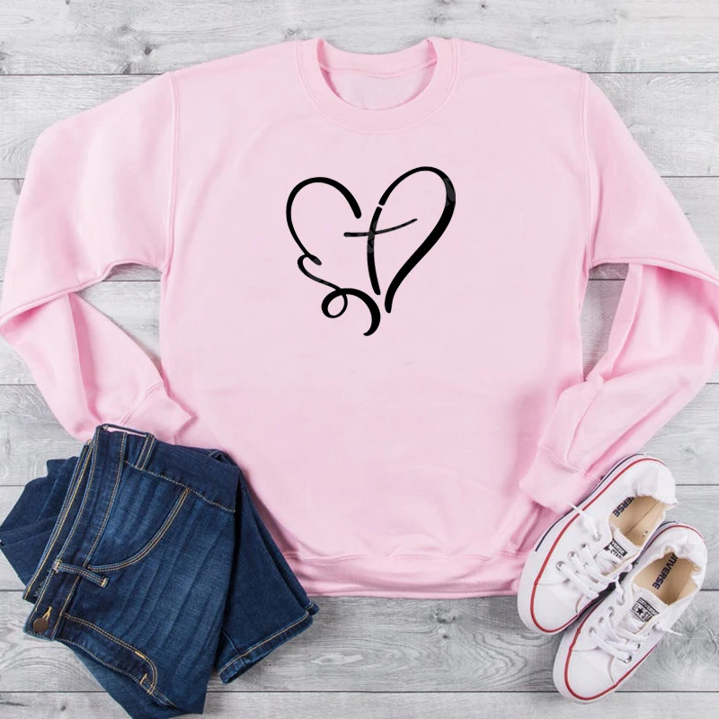 

Heart cross graphic women fashion Christian Bible baptism religion pure cotton casual sweatshirt girl pullovers church tops L491