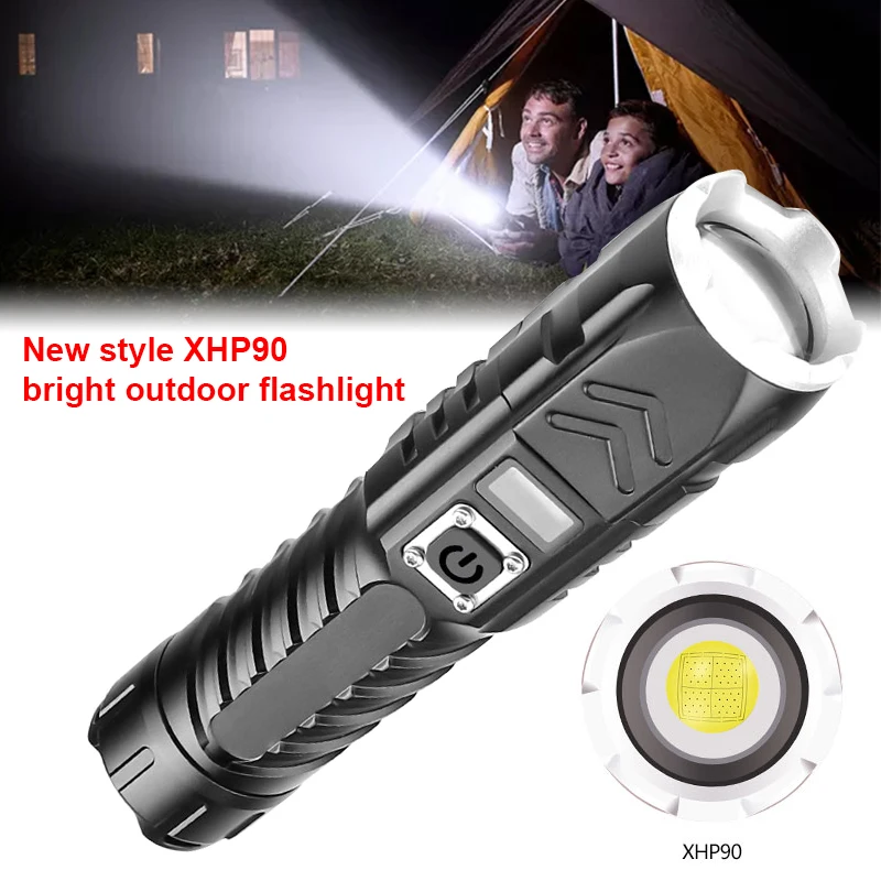 

Portable LED Flashlight XHP90 Multi-function Glare Flashlight Zoomable USB Rechargable LED Torch Waterproof Camping Lantern