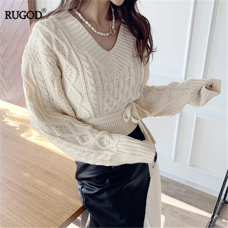 Женский вязаный свитер RUGOD пуловер с поясом и узором в виде ромбов короткий на