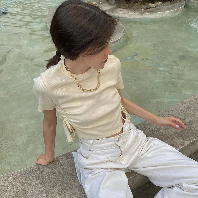 

Casual Solid Ribbed Side Drawstring Split Summer Y2k Crop Top T Shirt Women 2021Chic Short Sleeve Ruched Female Basic Tee Shirt