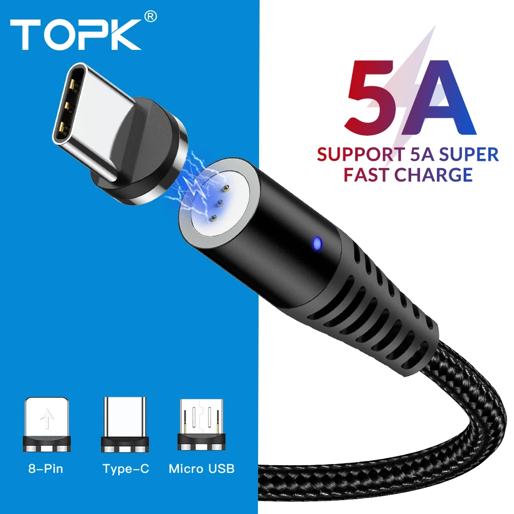 Магнитный usb кабель TOPK 5A для быстрой зарядки USB Type C магнитное зарядное устройство
