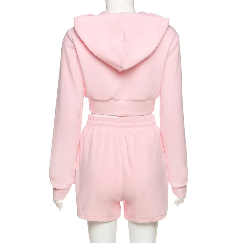 

Casual Hooded Matching Sets Women Long Sleeve Two Piece Set Zipper Autumn Winter Loungewear Top And Shorts 2 Piece Outfits