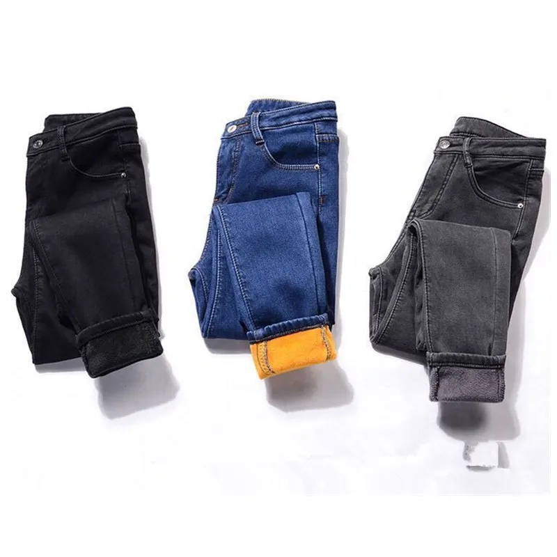 

Candy Color Thickening Jeans Women Winter Warm Jean Pants Sexy Fleeces Pencil Pants 2020 Skinny Solid Denim Trousers Black P9538