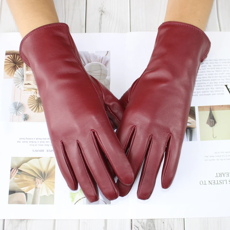Sheepskin gloves women's new knitted lining spring classic versatile multicolor driving gloves leather autumn