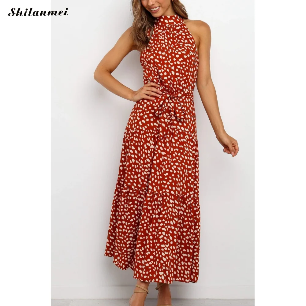 

2020 Spring Summer Dot Print Casual Dress Women Sleeveless Belt Long Dresses Office Lady Elegant Vestido Red White Maxi Robe 2XL