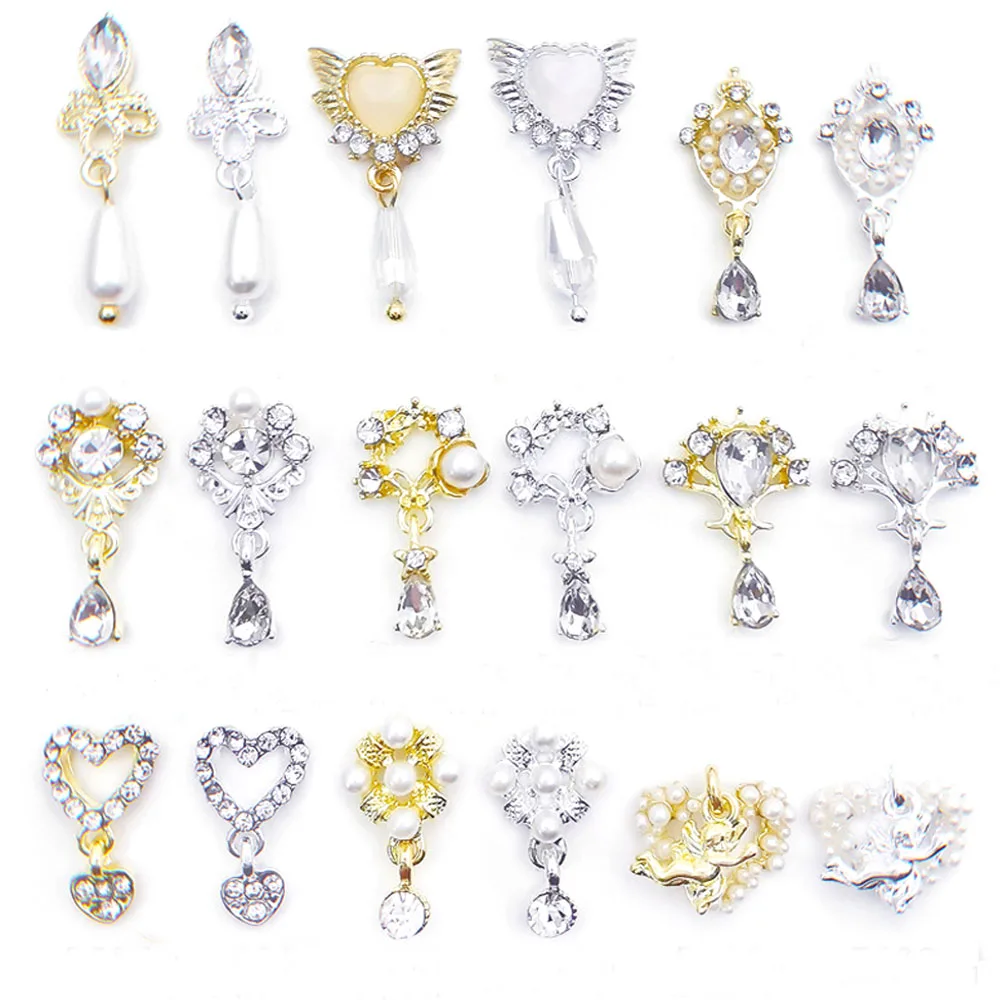 

10Pcs/lot Nail Art Charms Heart Angel Pearl Gold/Silver Alloy Rhinestones Hollow Gems 3D Metal Decorations Accessories Pendant