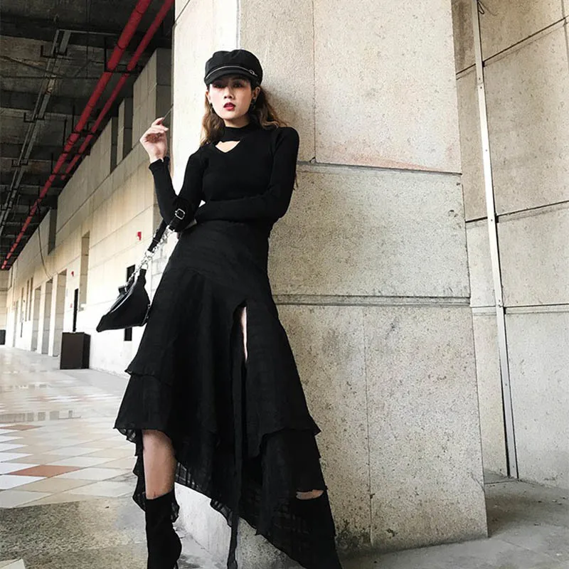 

[EAM] High Waist Black Plaid Vent Irregular Split Joint Elegant Half-body Skirt Women Fashion Tide New Spring Autumn 2021 1W410