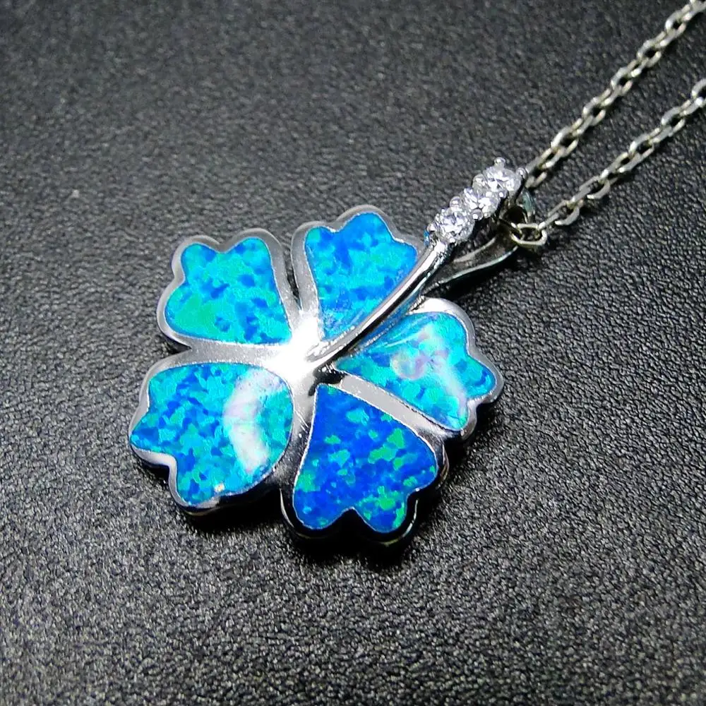 

Blue Australian Fire Opal 5 Leaves Clover Flower Pendant Necklace in 925 Sterling Silver