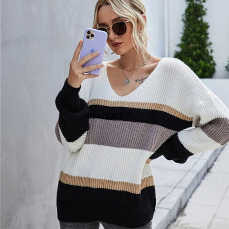 

2020 Autumn And Winter New INS Net Red Fashion Hedging Stitching Sexy V-Neck Plus Size Pullover Casual Warm Sweater Women