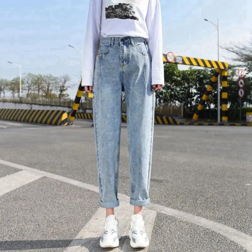 

Vintage Blue Woman High Waist Jeans Plus Size Femme Loose Harem Pants Mom Casual Denim Trousers Vaqueros Mujer 2021 w185