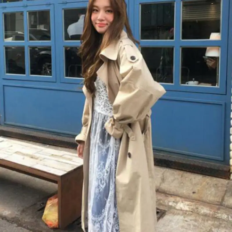 Женский двубортный Тренч Длинная ветровка цвета хаки с отложным воротником в