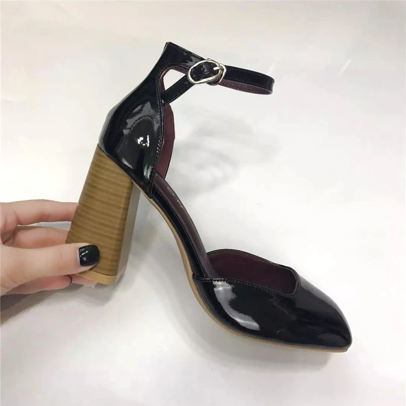 

New Spring Fashion Women's High Heels Square heel Patent leather Head Mary Jane Shoes solid Simple toe cap female Pumps U22-23