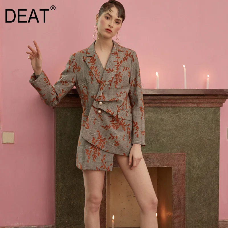 

[DEAT] Autumn Winter Fashion Women Blazer Notched Collar Full Sleeves Asymmetrical Printed Pearl Patchwork High Waist WR07102L
