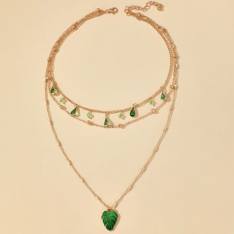 

Bohemian Green Crystal Leaf Pendant Necklace for Women Fashion Water Drop Multilayer Necklaces Ladies Summer Jewelry