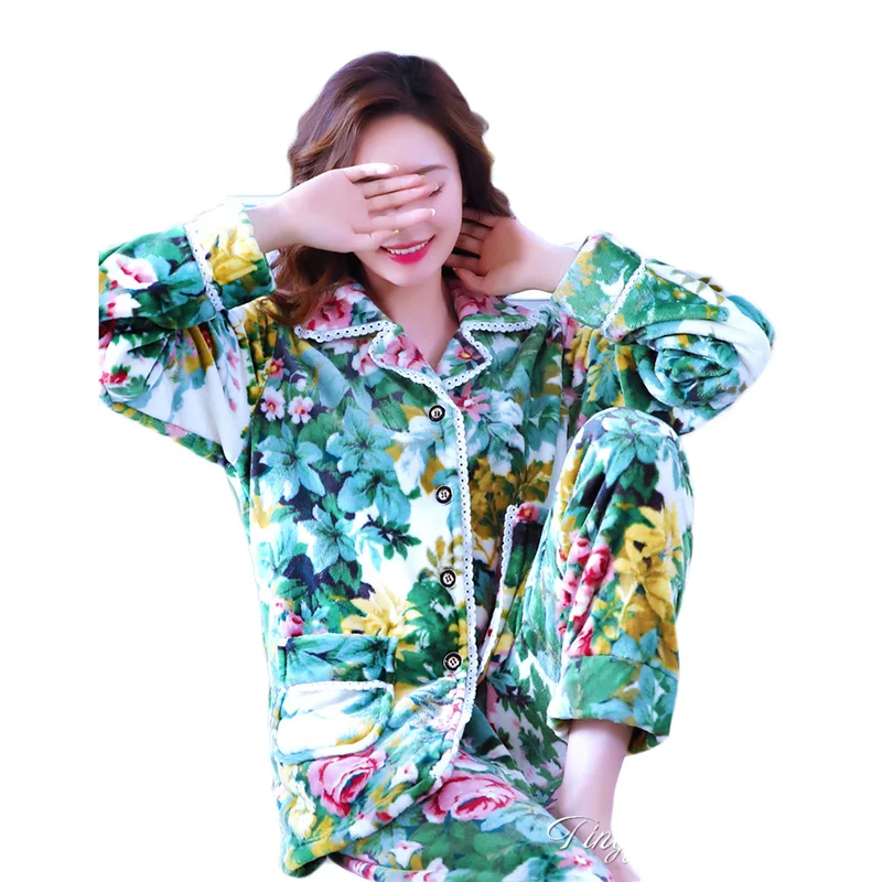 Home clothes fo women Lady clothes set Large size Pajamas Printing Autumn / Winter Coral fleece 2 piece set Free shipping 287