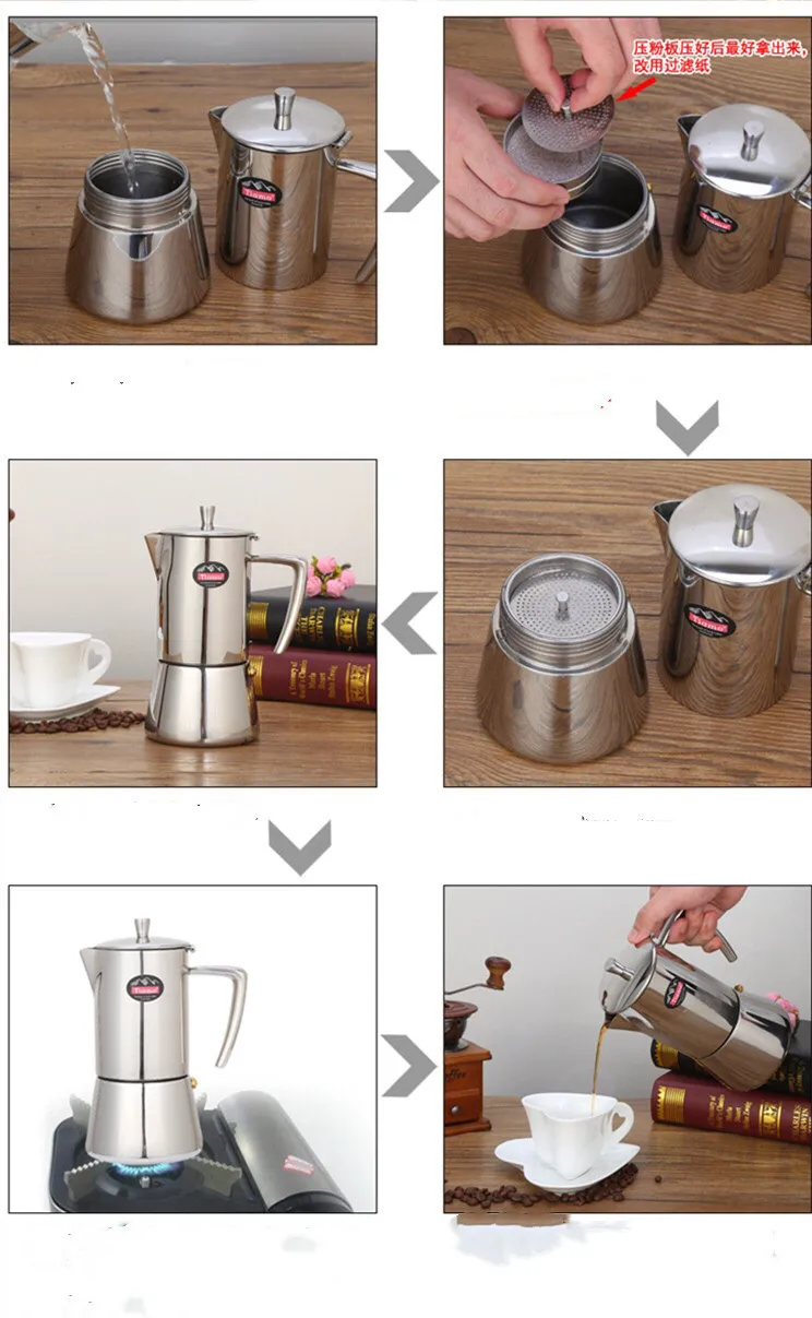Кофеварка expresso, 4/6 чашек, 304 нержавеющая сталь, Кофеварка Moka, чайник, плита, топ, Гейзер, Кофеварка
