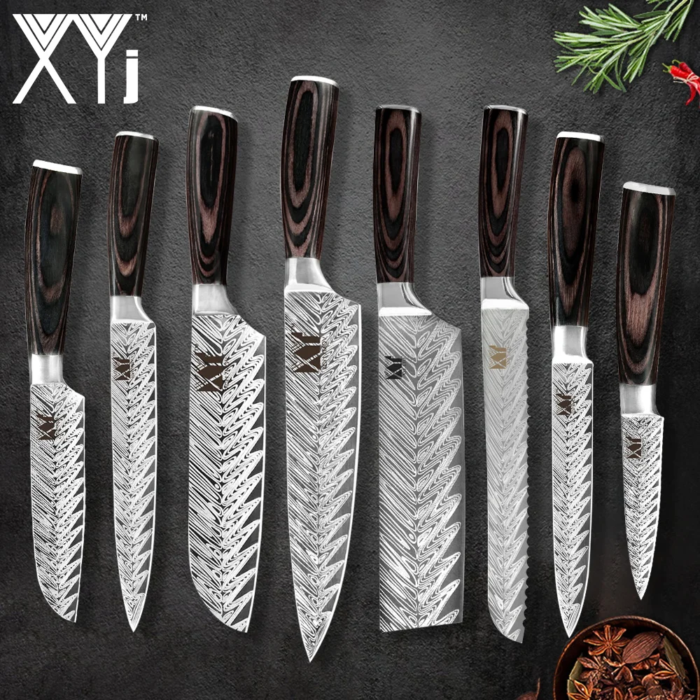 

XYj Chef Knives Holder Stand Stainless Steel Set 8'' Bread Slicing 7'' Santoku Chopping 5'' Utility 3.5'' Paring Sheath Cover