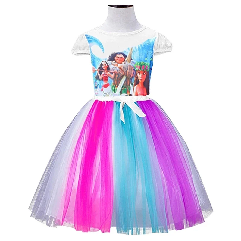Bibihou First Birthday Girls Clothing vaiana Summer Princess Clothes Moana Cartoon Tulle Tutu Dresses Rainbow Handmade | Детская одежда