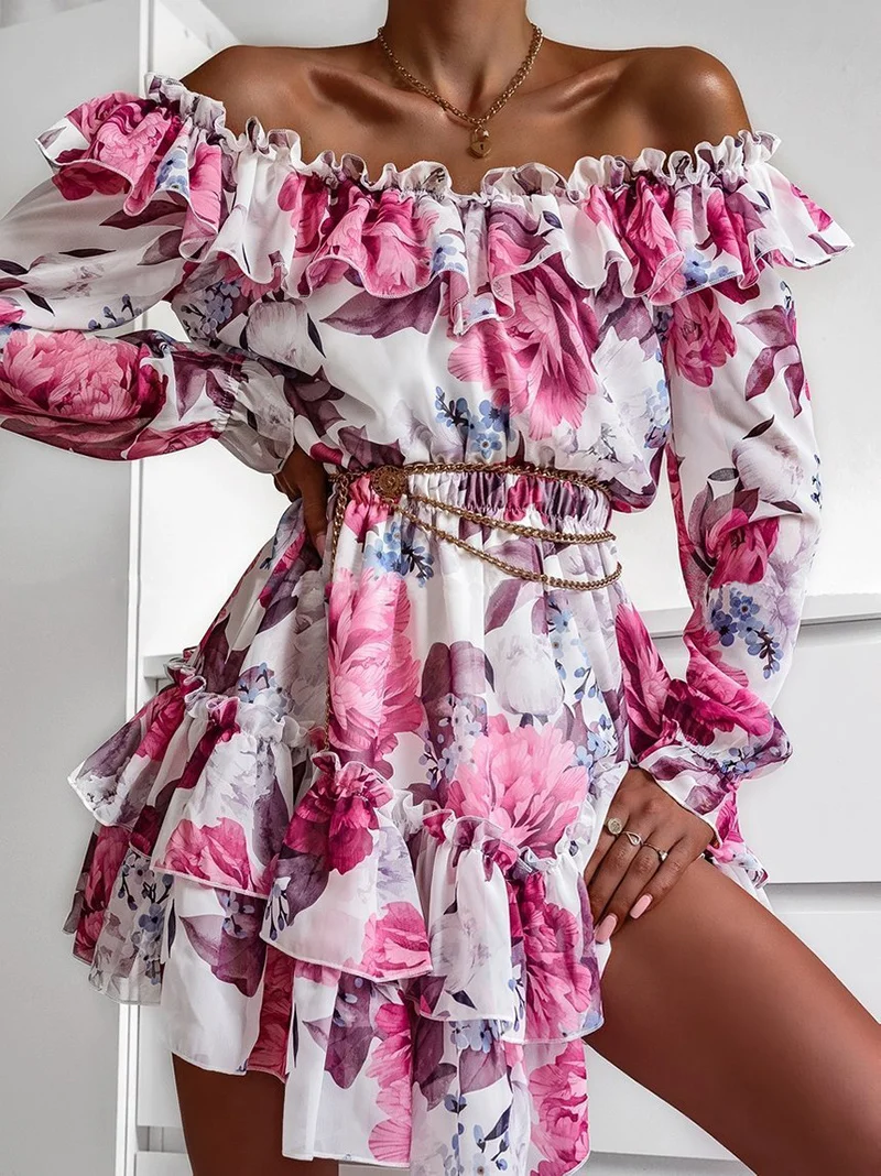 

CHRONSTYLE Women Summer Sexy Off Shoulder Ruffles Mini Dress Elegant Slash Neck Party Dress Vintage Floral Print Female Vestidos