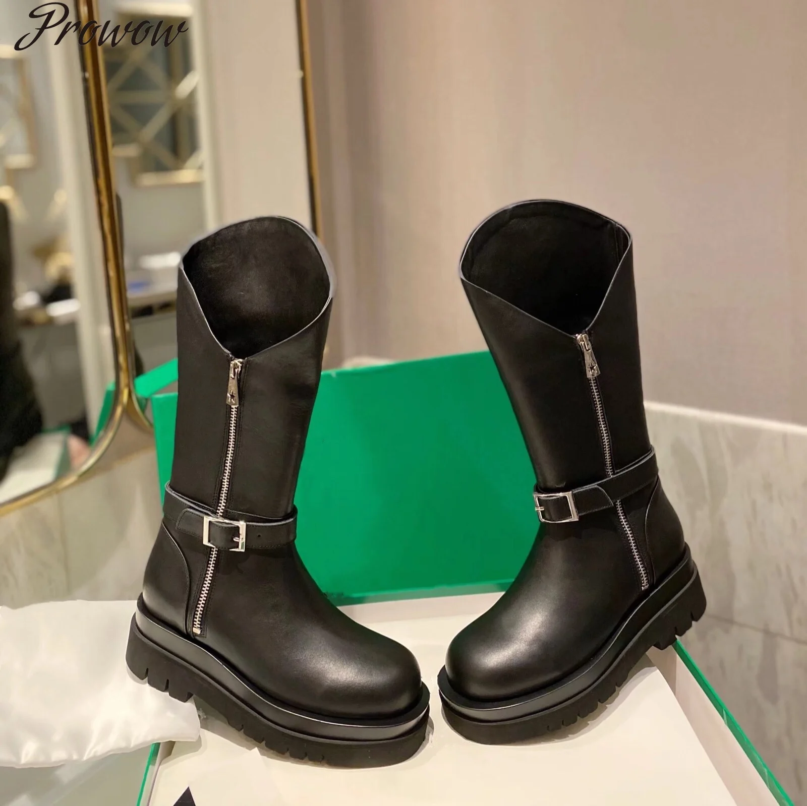 

Prowow Newest Winter Shoes Woman Marten Boots Genuine Leather Mid-Calf Boots Woman Chelsea Boots Platform Heels Boots Woman