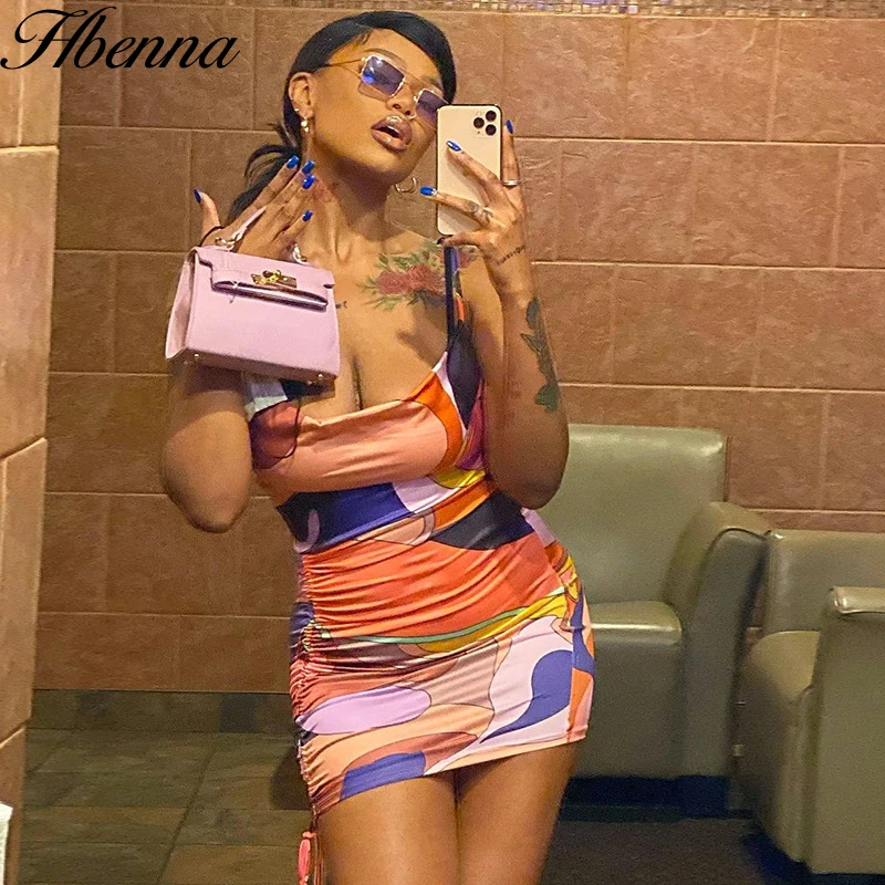 

Hbenna Summer Dress Women Print Sleeveless Mini Side Drawstring Sexy Bodycon Dress Backless Spaghetti Strap Fashion Party Dress