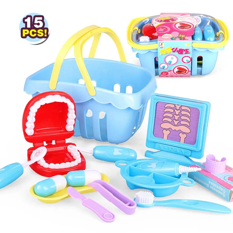 

15pcs/set Pretend Play Toy basket Dentist Check Teeth Model Set Medical Kit Educational Role Play Simulation Learing Kids Toys