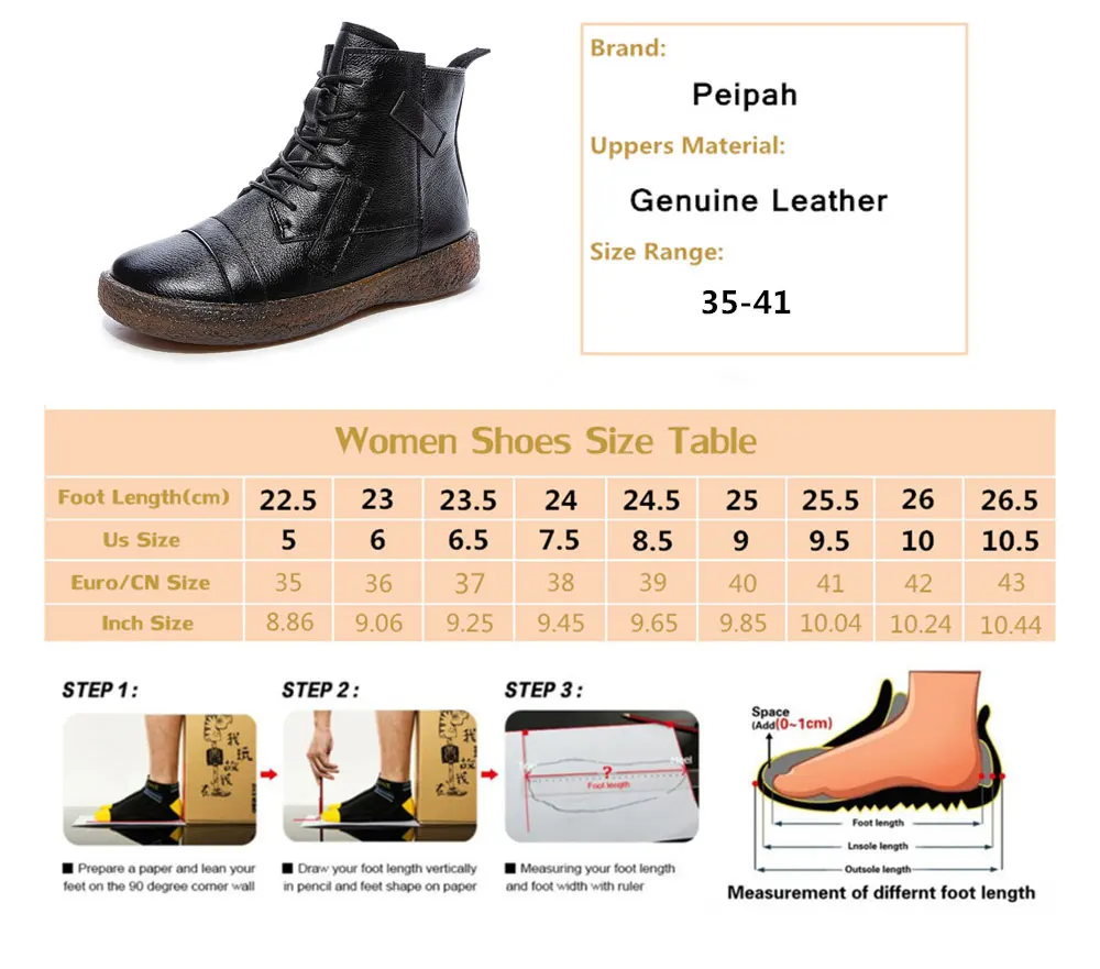 PEIPAH Women's Genuine Leather Shoes Woman Ankle Boots Female Retro Flat With Zip Women's Shoes Autumn Winter Bootee Woman