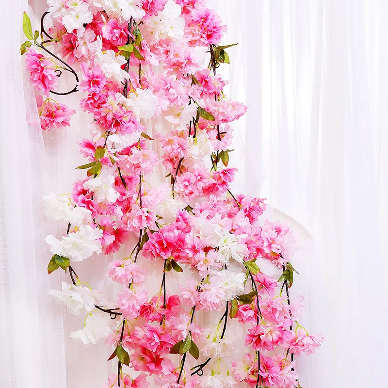 

177cm Artificial Cherry Blossoms Flowers Rattan Silk Pink Wisteria Vines Garland Wall Hanging Wedding Backdrop Home Party Decor