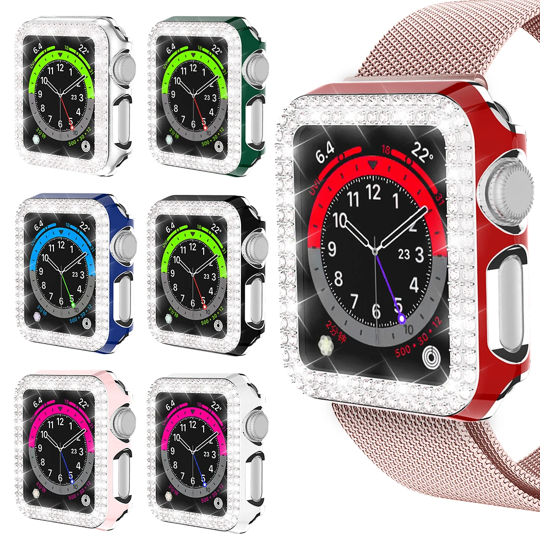 

Full Screen Protector Bumper 6D Dazzling Carving PC Double Row Diamond Protective Case for Apple watch 38mm 40mm 42/44mm iWatch