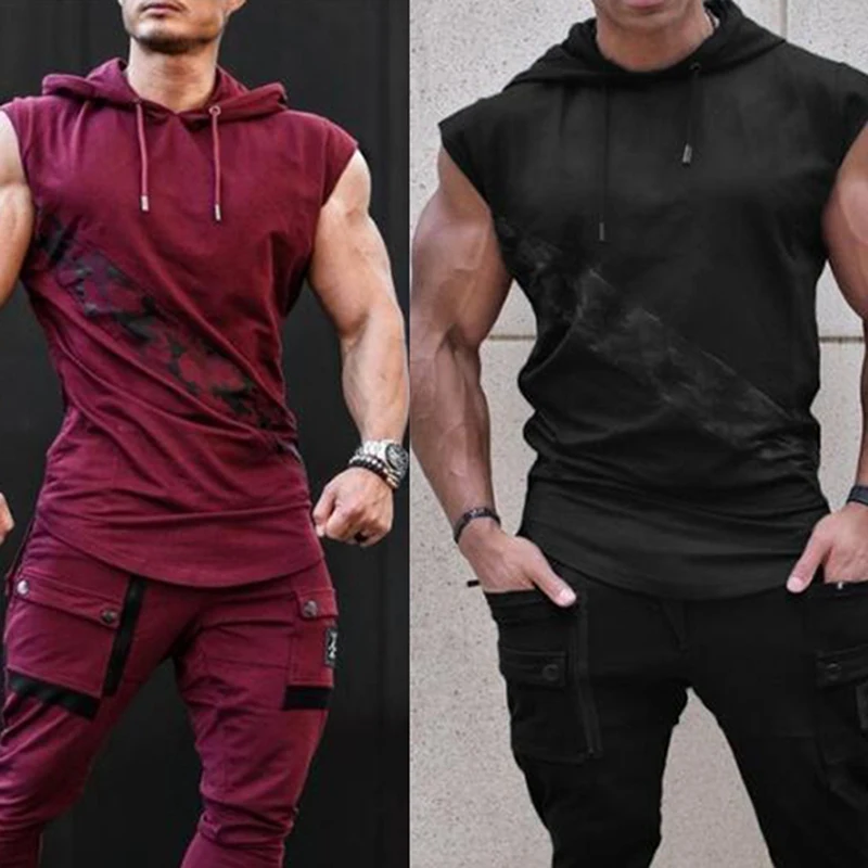 

Men Trainning Exercise t-shirts 2021 New Male Fashion Casual t-shirts With Hats Male Sleeveless Breathable Comfortable Tops